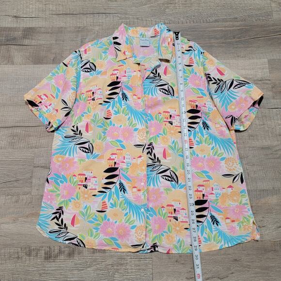 Cascade Blues Linen Hawaiian Button Up Shirt 1X Tropical Colorful Bright Floral - Picture 5 of 6